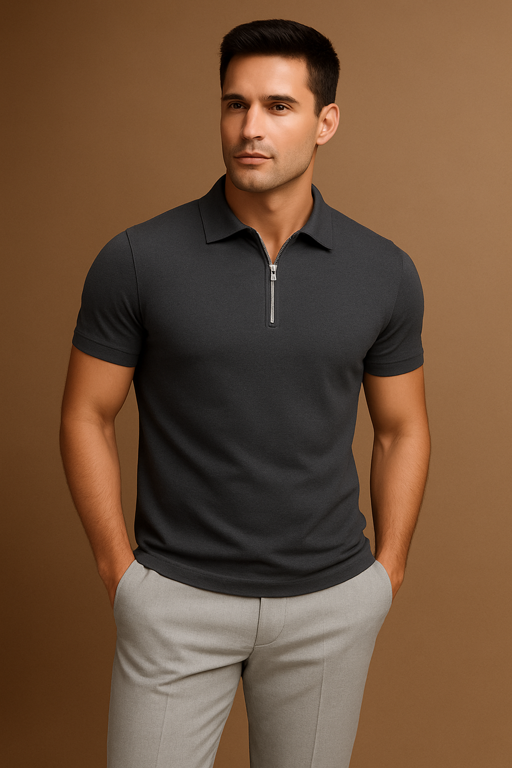 Plain Jersey Zipper Polo - Grey