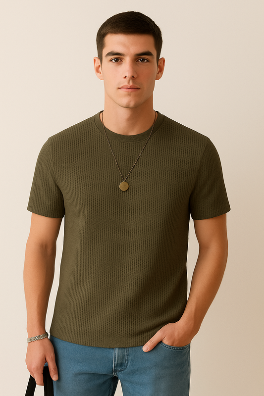 Waffle Knitted Texture Tshirt - Olive Green