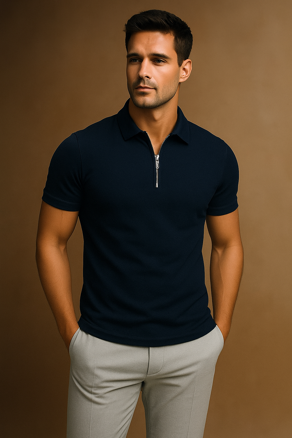 Plain Jersey Zipper Polo - Navy Blue