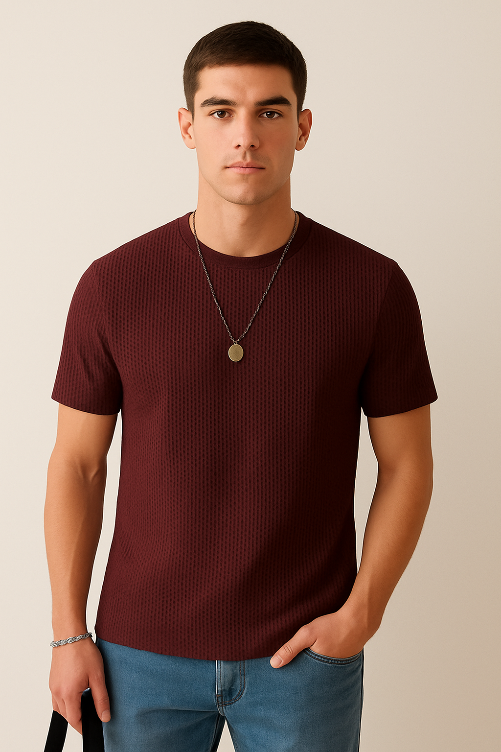 Waffle Knitted Texture Tshirt - Maroon