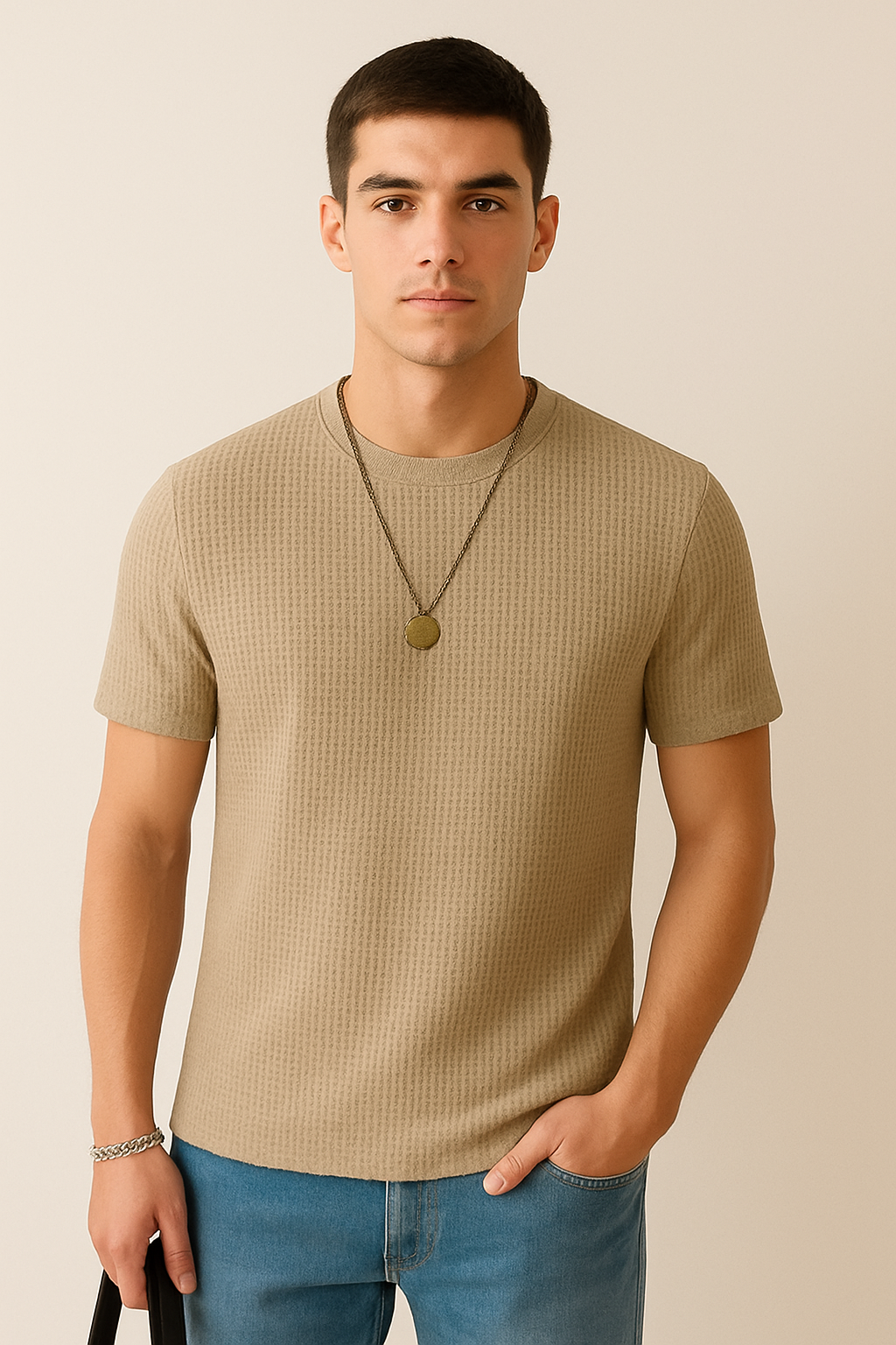 Waffle Knitted Texture Tshirt - Beige