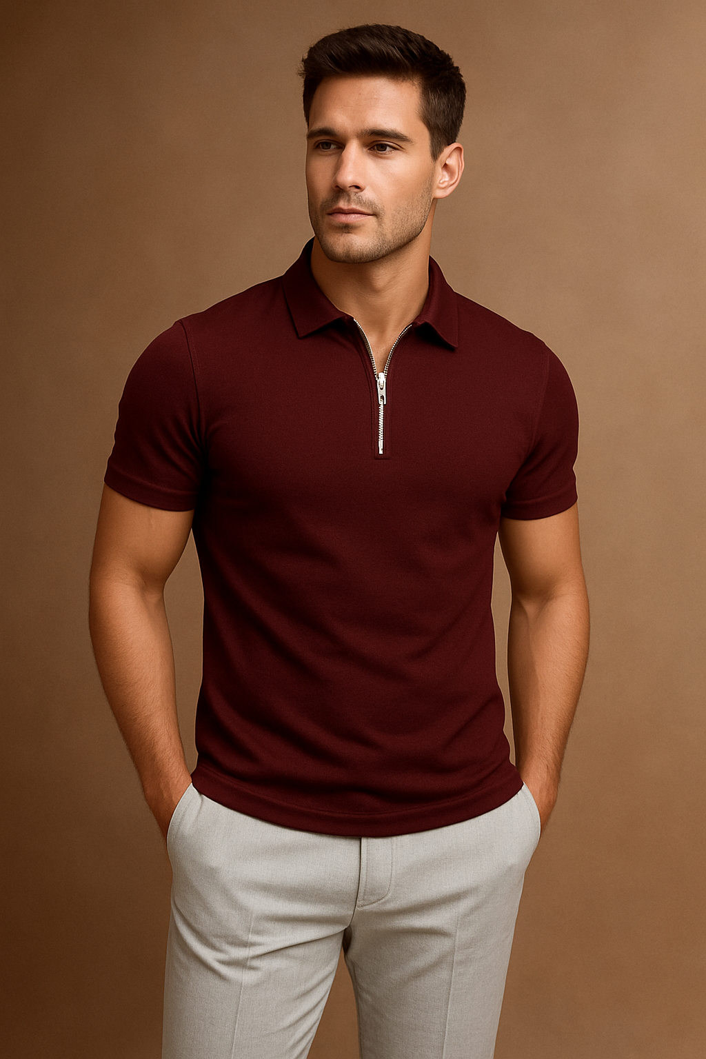 Plain Jersey Zipper Polo - Maroon