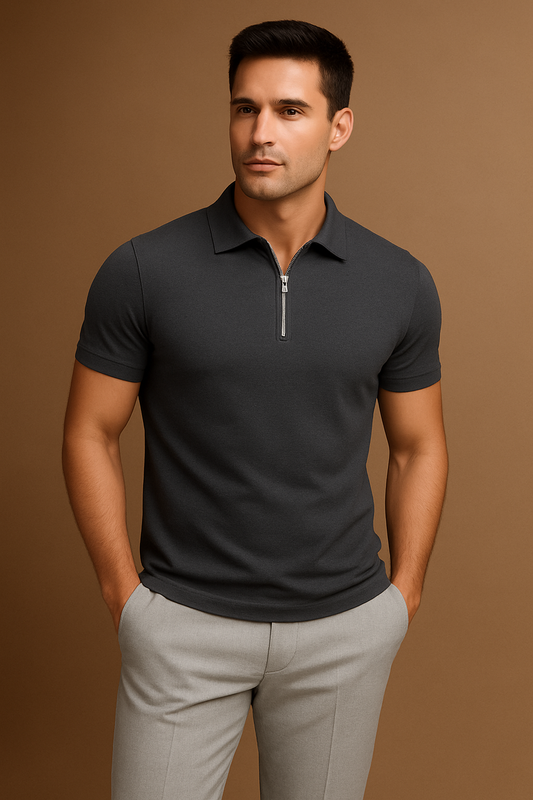 Plain Jersey Zipper Polo - Grey
