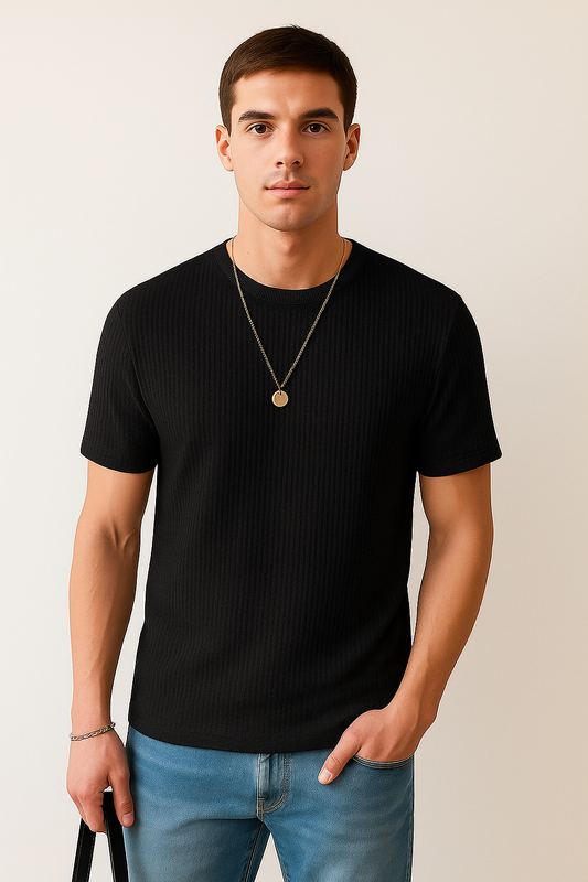 Waffle Knitted Texture Tshirt - Black