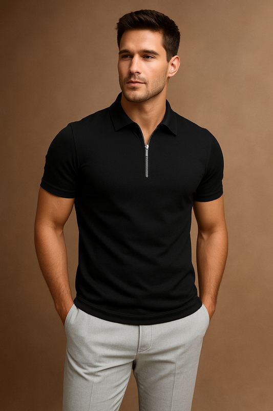 Plain Jersey Zipper Polo - Black