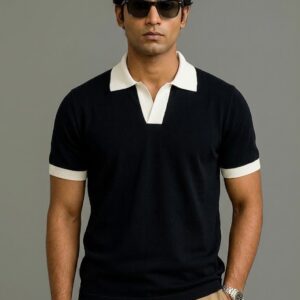 Contrast Johnny Collar Polo – Black