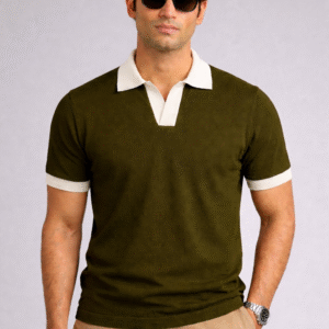 Contrast Johnny Collar Polo – Olive