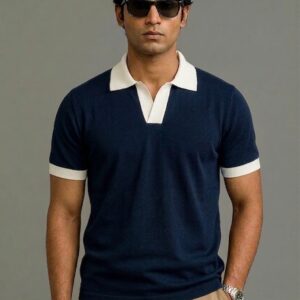 Contrast Johnny Collar Polo – Navy Blue