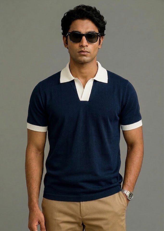 Contrast Johnny Collar Polo – Navy Blue
