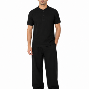 Waffle Knit Henley – Black
