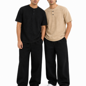 Pack of 2 Waffle Knit Henley – Black&Beige