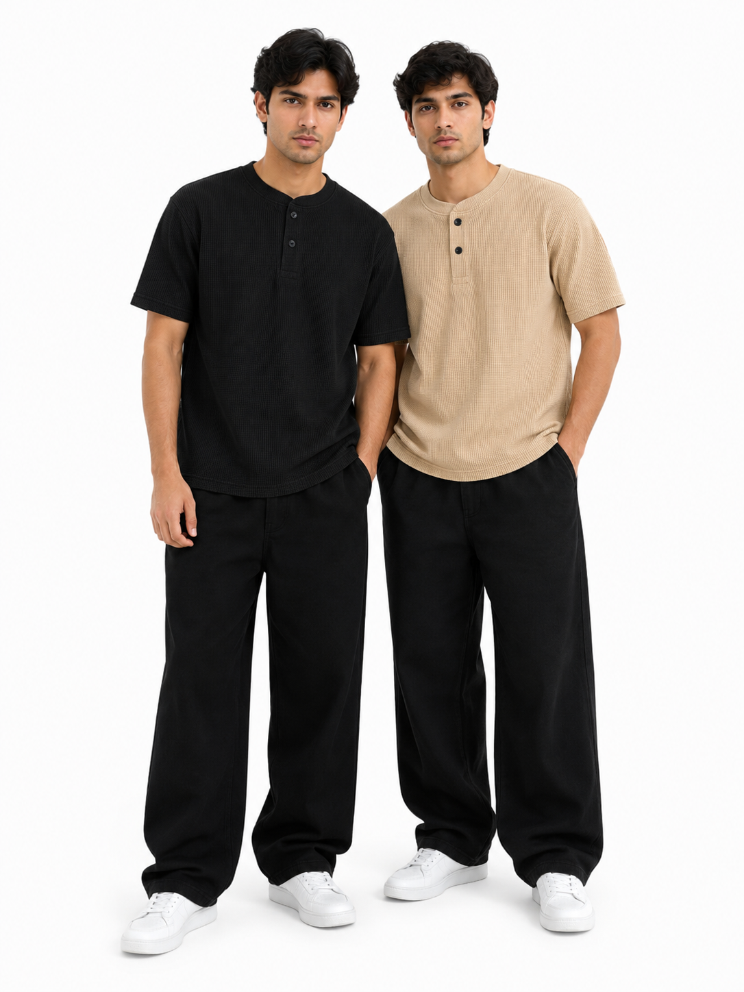 Pack of 2 Waffle Knit Henley – Black&Beige