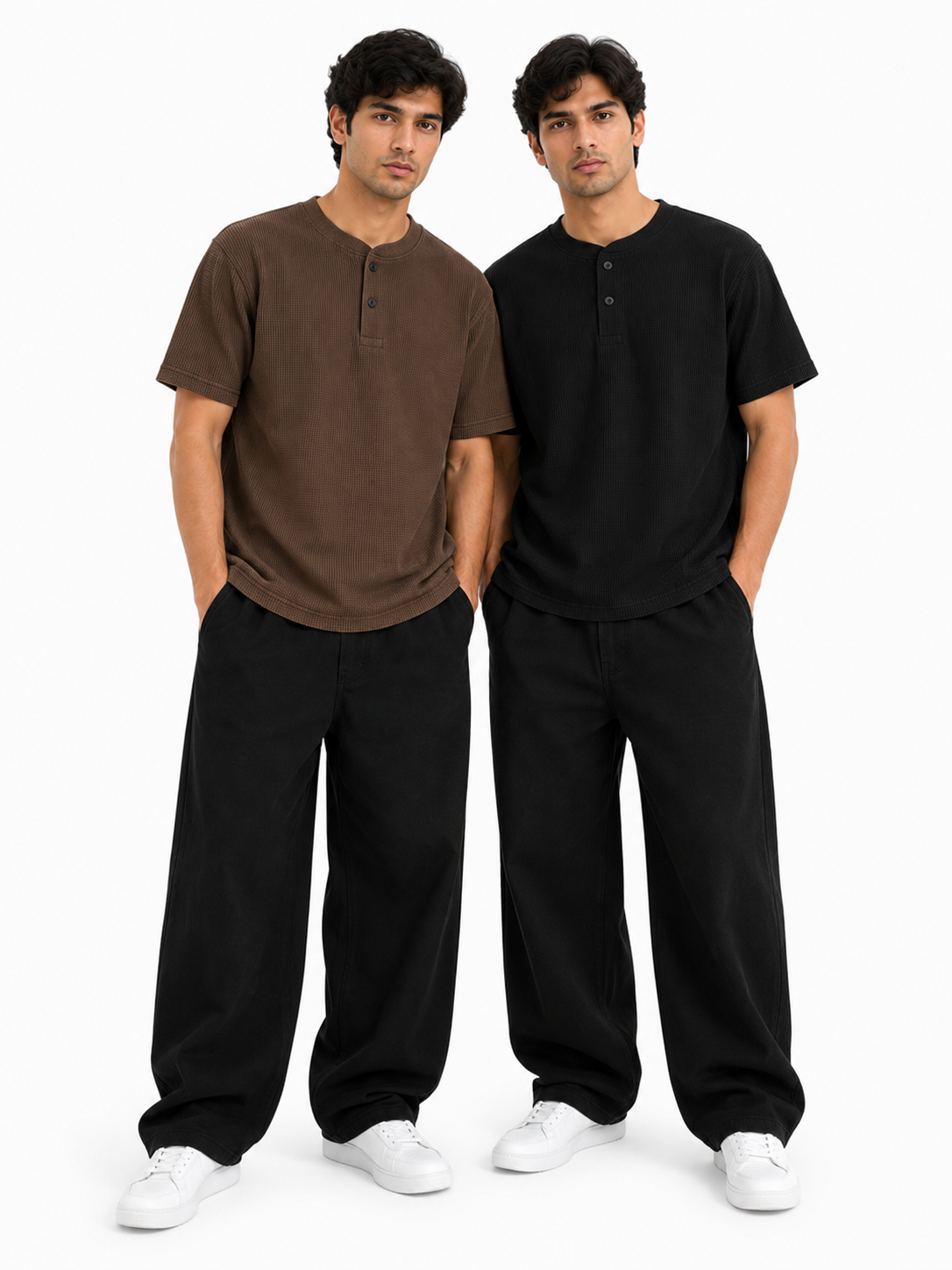 Pack of 2 Waffle Knit Henley – Black&Brown