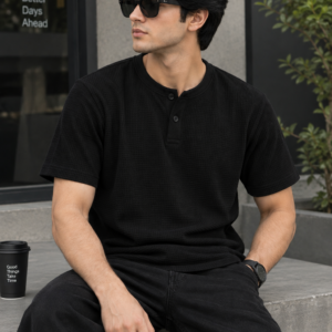 Waffle Knit Henley – Black