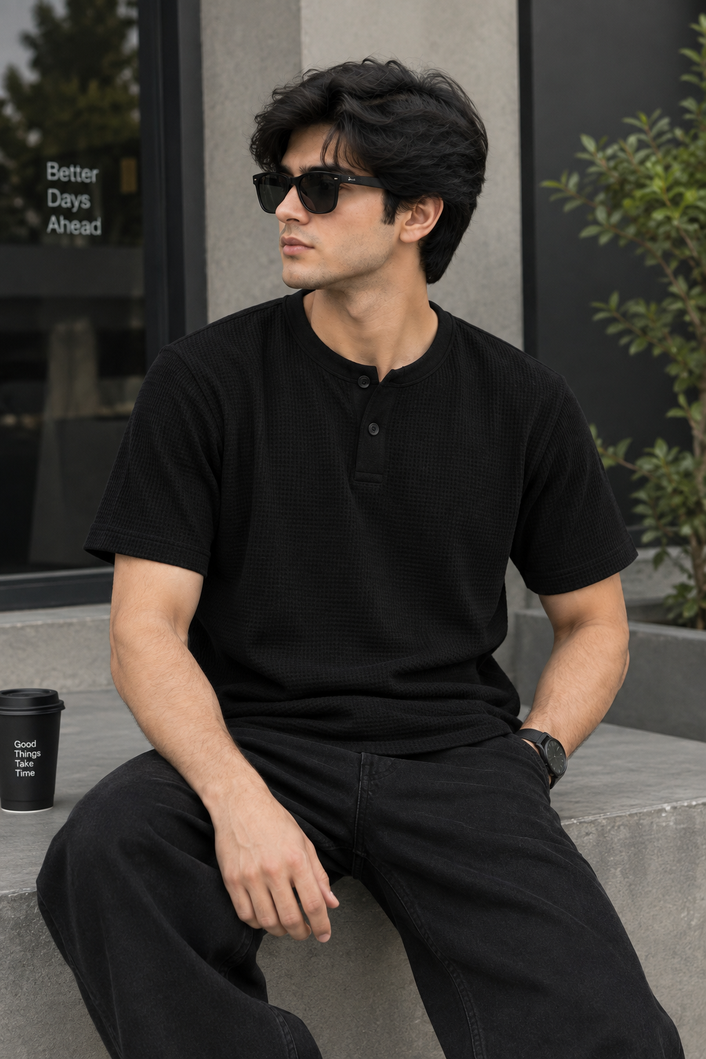 Waffle Knit Henley – Black