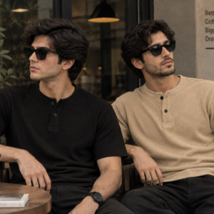 Pack of 2 Waffle Knit Henley – Black&Beige