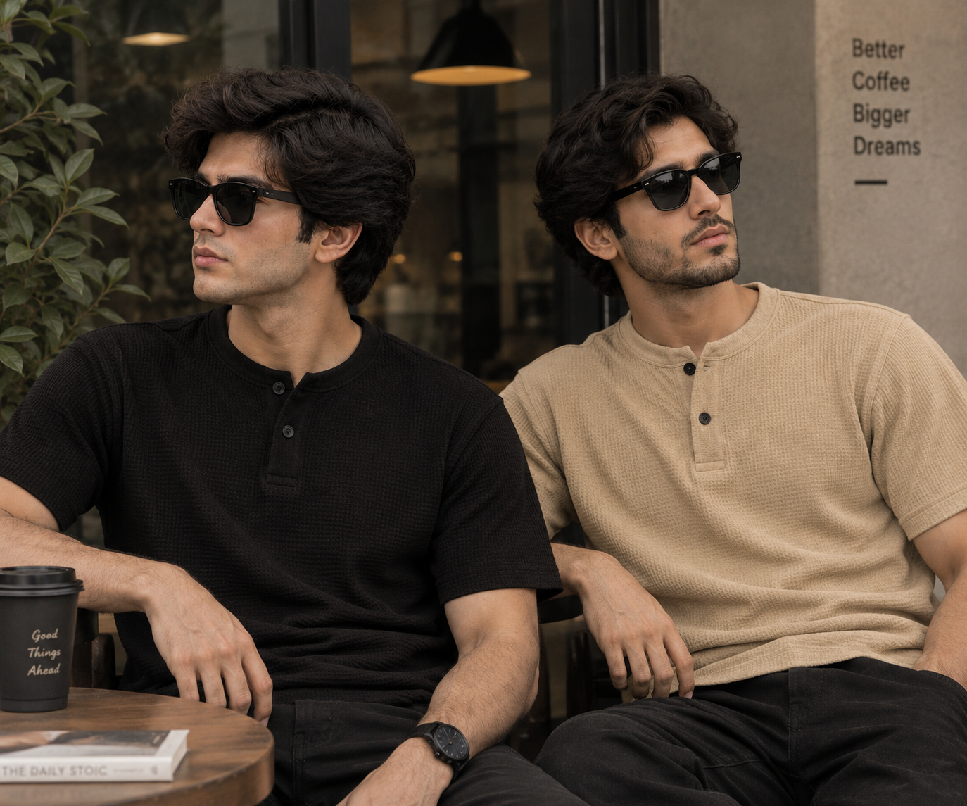 Pack of 2 Waffle Knit Henley – Black&Beige
