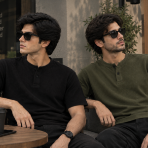 Pack of 2 Waffle Knit Henley – Black&Olive