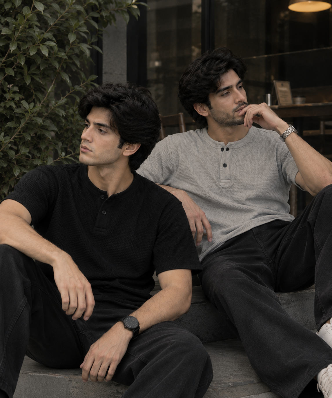 Pack of 2 Waffle Knit Henley – Black&Grey