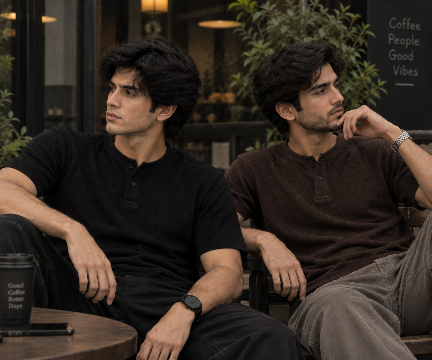 Pack of 2 Waffle Knit Henley – Black&Brown
