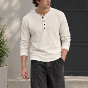 Waffle Knit Henley – Off White – Full Sleeves