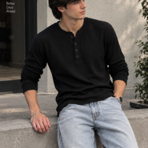 Waffle Knit Henley – Black – Full Sleeves