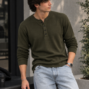 Waffle Knit Henley – Olive – Full Sleeves