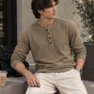 Waffle Knit Henley – Khaki – Full Sleeves