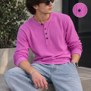 Waffle Knit Henley – Pink – Full Sleeves
