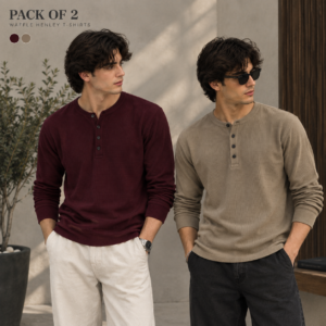 Pack of 2 Waffle Knit Full Sleeves Henley – Khaki&Burgundy