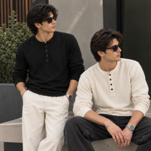 Pack of 2 Waffle Knit Full Sleeves Henley – Black&Off-White