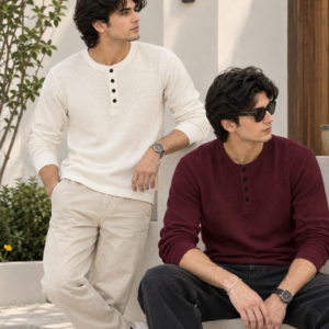 Pack of 2 Waffle Knit Full Sleeves Henley – Off-White&Burgundy