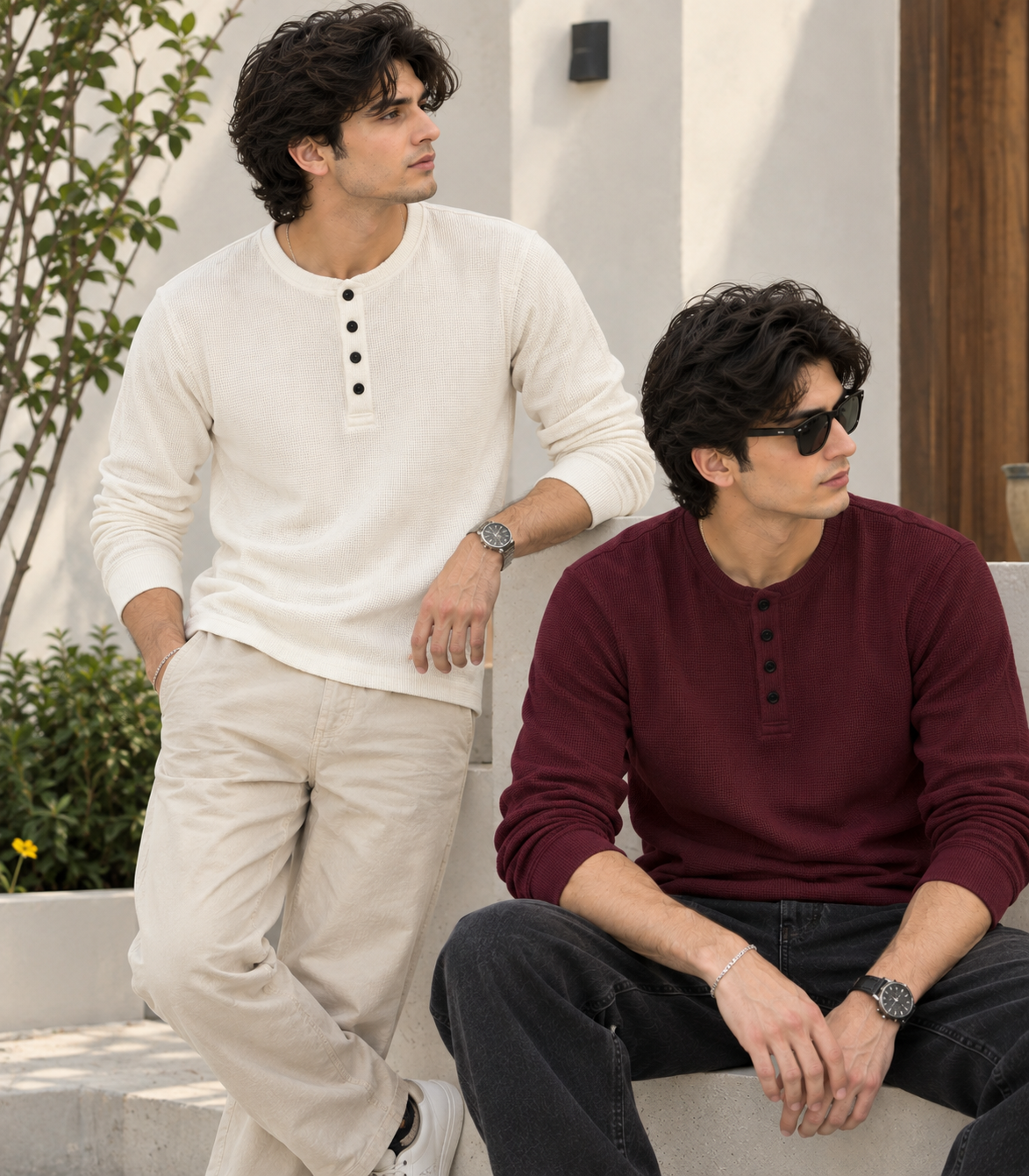 Pack of 2 Waffle Knit Full Sleeves Henley – Off-White&Burgundy
