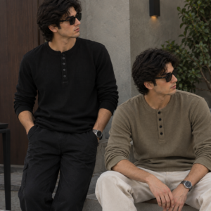 Pack of 2 Waffle Knit Full Sleeves Henley – Black&Khaki