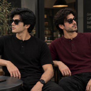 Pack of 2 Waffle Knit Henley – Black&Burgundy