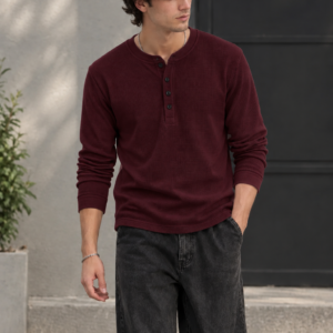 Waffle Knit Henley – Burgundy – Full Sleeves