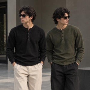 Pack of 2 Waffle Knit Full Sleeves Henley – Black&Olive Green