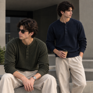 Pack of 2 Waffle Knit Full Sleeves Henley – Olive&Navy Blue