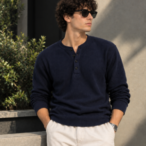 Waffle Knit Henley – Navy Blue – Full Sleeves