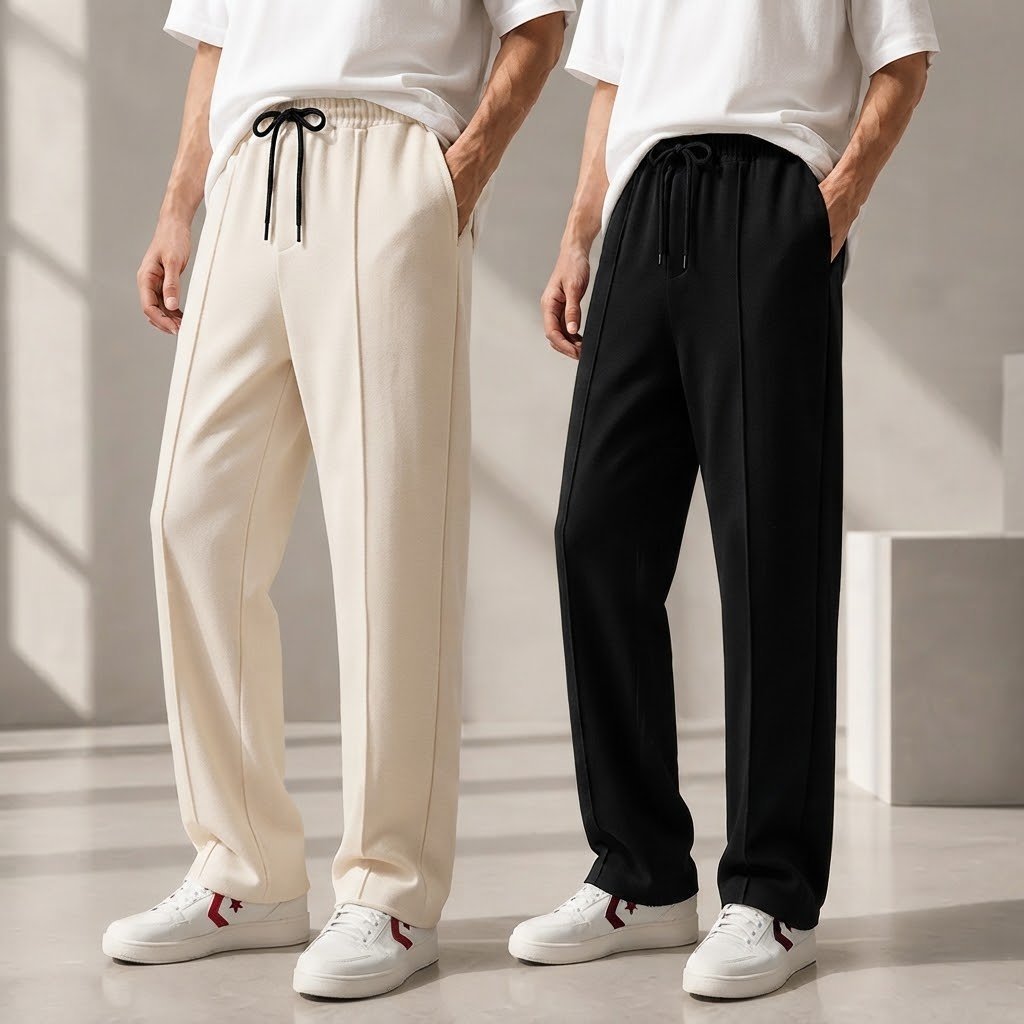 Pack of 2 Pleated Trousers – Back Pocket – Black&Off-White